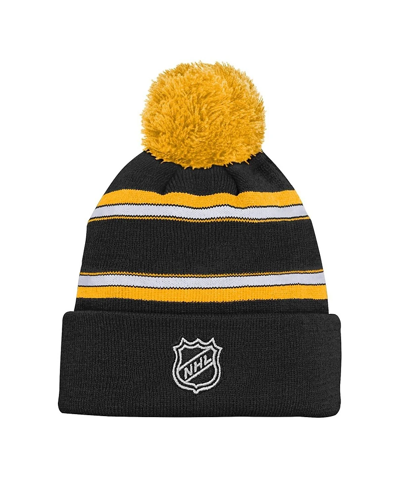 Outerstuff Big Boys and Girls Black Boston Bruins Jacquard Cuffed Knit with Pom Hat