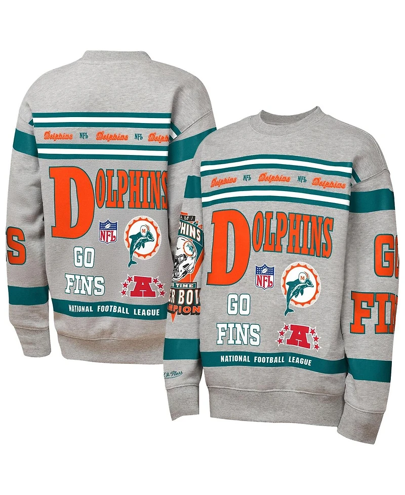 Mitchell & Ness Big Boys and Girls Gray Miami Dolphins Throwback All-Over Print Fleece Sweatshirt