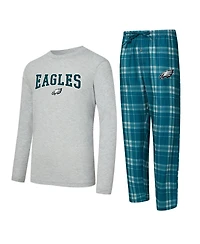 Concepts Sport Men's 2-Piece Midnight Green/Gray Philadelphia Eagles Regulate Long Sleeve T-Shirt and Plaid Pant Set