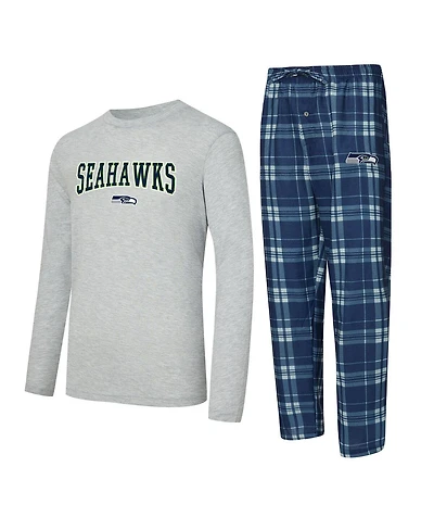 Concepts Sport Men's 2-Piece College Navy/Gray Seattle Seahawks Regulate Long Sleeve T-Shirt and Plaid Pant Set