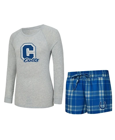 Concepts Sport Women's 2-Piece Heather Gray/Royal Indianapolis Colts Regulate Plaid Long-Sleeve T-Shirt Shorts Sleep Set