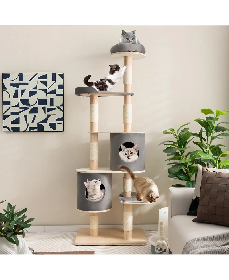 Sugift 6-Tier Wooden Cat Tree with 2 Removeable Condos Platforms and Perch