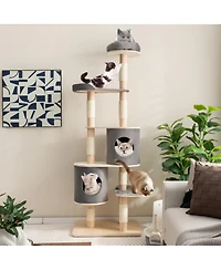 Sugift 6-Tier Wooden Cat Tree with 2 Removeable Condos Platforms and Perch