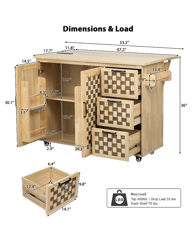 Casainc 53.2" 3D Woven Checkerboard Kitchen Island with Drop Leaf, Rolling Cart, Power Outlet, 3 Drawers and 2 Cabinets