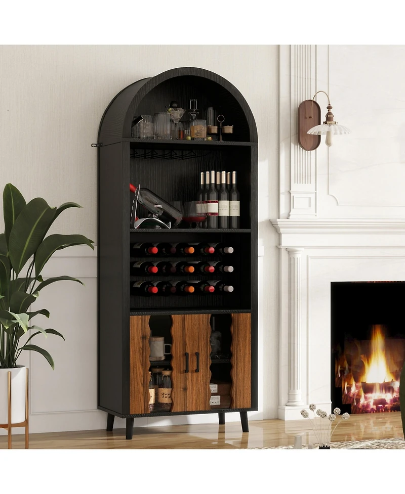 Casainc 71" Farmhouse Arched Wine Bar Cabinet with Wine Rack, Glass Holder, Whiskey Station for Living & Dining Rooms
