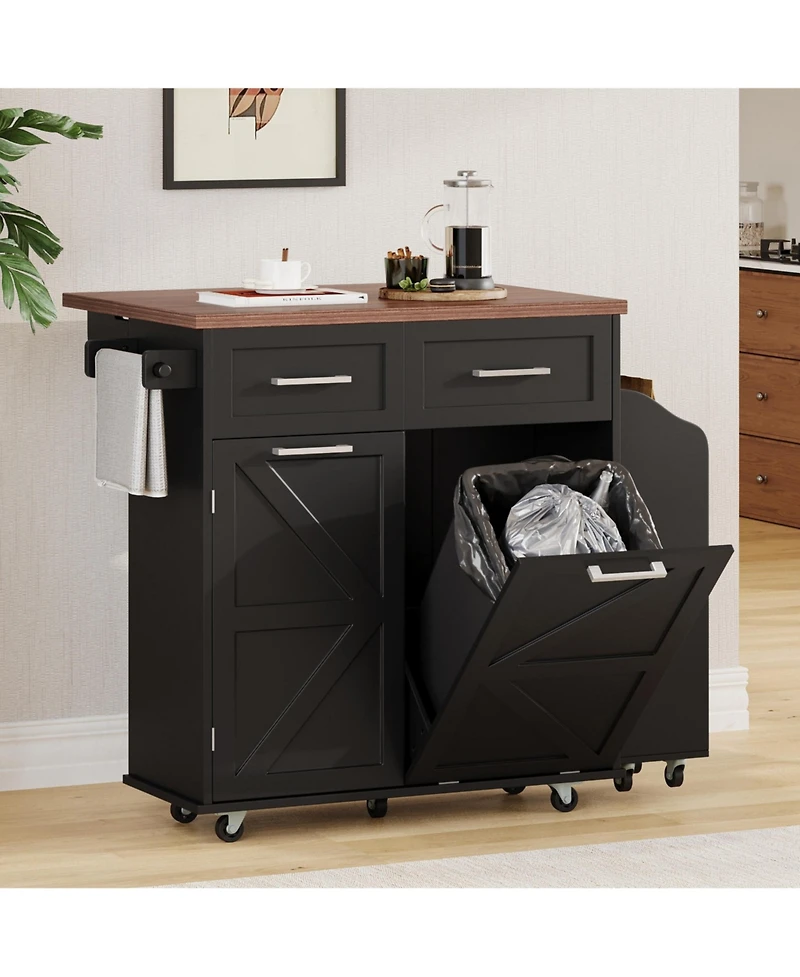 Casainc 47.2" Mdf Drop Leaf, Side Racks, Drawers, Towel Rack & Wheels Farmhouse Kitchen Island