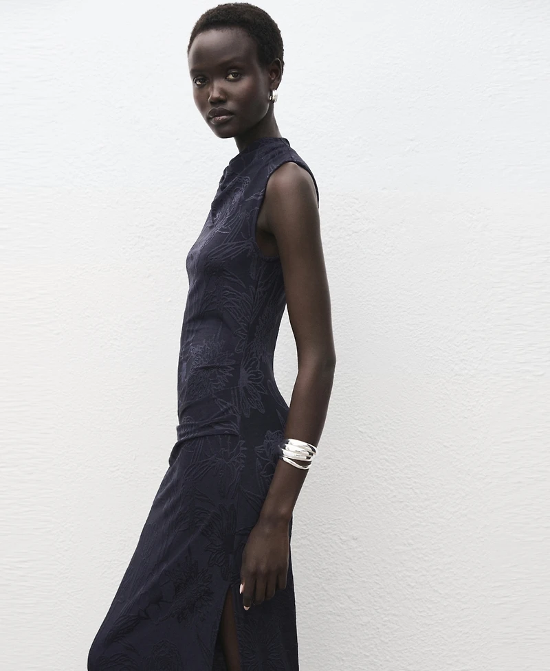 Mango Women's Draped Collar Embroidered Dress