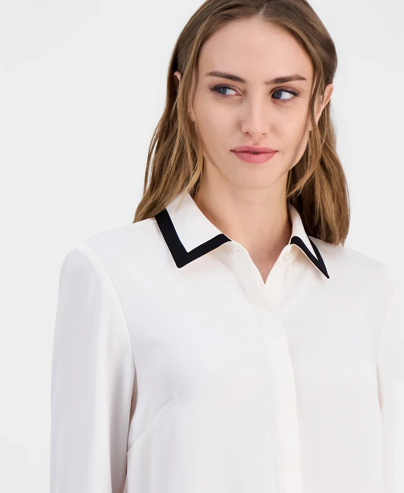 Anne Klein Petite Collared Long-Sleeve Blouse