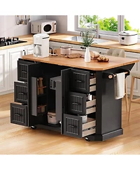 Casainc 56" Kitchen Island Cart, Drop Leaf, Power Outlet, 4 Shelves, 6 Drawers, Rubber Wood Veneer, Rolling for Dining Room