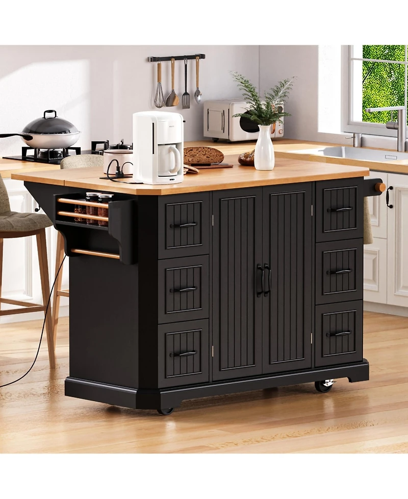 Casainc 56" Kitchen Island Cart, Drop Leaf, Power Outlet, 4 Shelves, 6 Drawers, Rubber Wood Veneer, Rolling for Dining Room