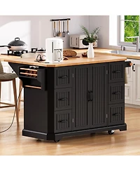 Casainc 56" Kitchen Island Cart, Drop Leaf, Power Outlet, 4 Shelves, 6 Drawers, Rubber Wood Veneer, Rolling for Dining Room