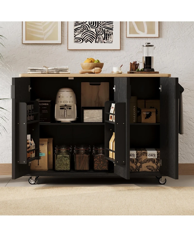 Casainc 51" Fluted Kitchen Island with Drop Leaf, Rolling Cart Internal Storage Rack and Towel Holder