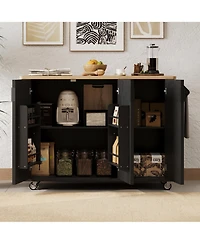 Casainc 51" Fluted Kitchen Island with Drop Leaf, Rolling Cart Internal Storage Rack and Towel Holder