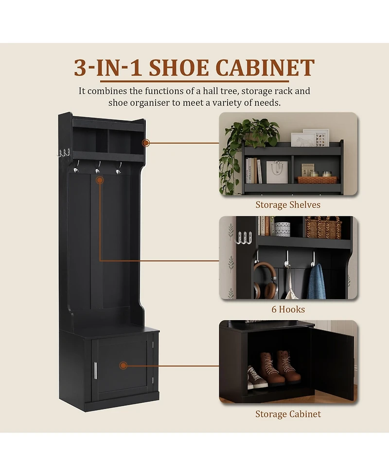 Clihome Slim Hall Tree with Cabinet and 6 Hooks, Minimalist Black Wood/Metal Foyer Organizer