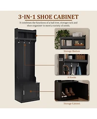 Clihome Slim Hall Tree with Cabinet and 6 Hooks, Minimalist Black Wood/Metal Foyer Organizer