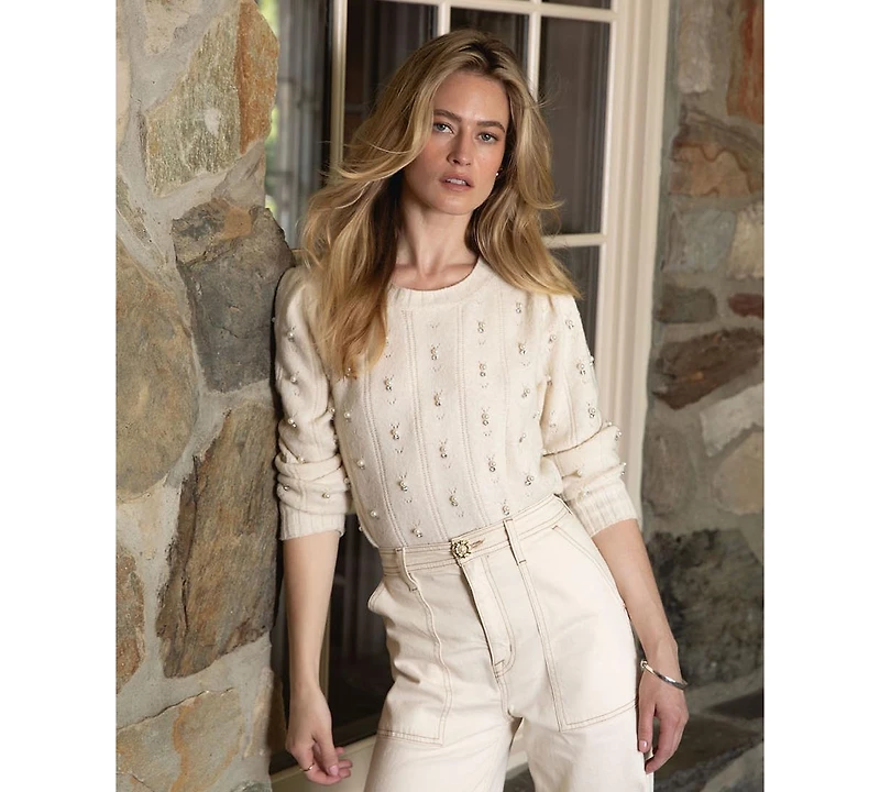 CeCe Women's Allover Embellished Long Sleeve Sweater