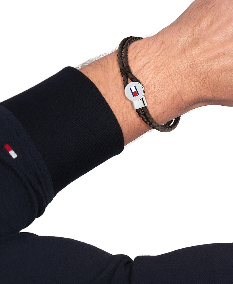 Tommy Hilfiger Men's Brown Leather with Stainless Steel Braided Bracelet