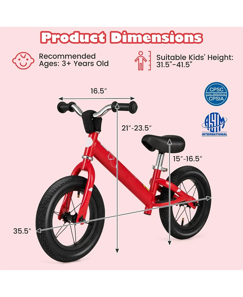 Sugift 12 Inch Toddler Balance Bike with Height Adjustable Handlebar and Seat