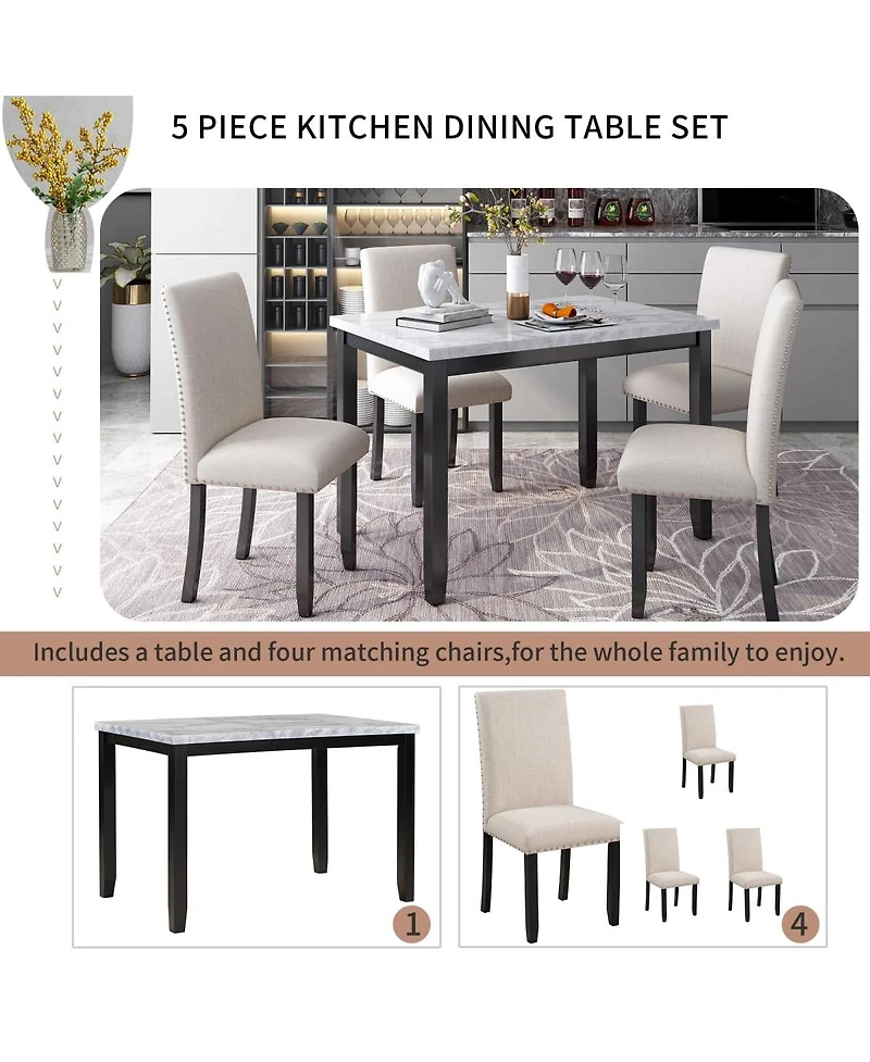 Maison Boucle 5-Piece Dining Set for 4 with Faux Marble Tabletop and Upholstered Chairs, Elegant Table Set for Kitchen or Dining Room-Maison Boucle