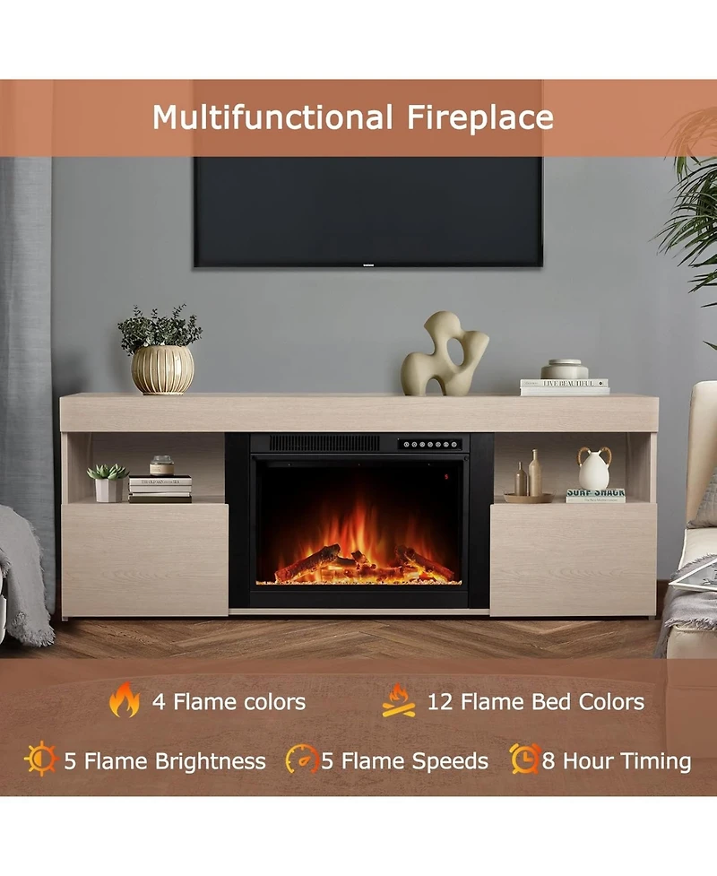 Cowsar 60" Fireplace Tv Stand Mantel Wood Surround Firebox Freestanding Fireplace Heater Infrared Quartz Heater Adjustable Led Flame, Remote Cont