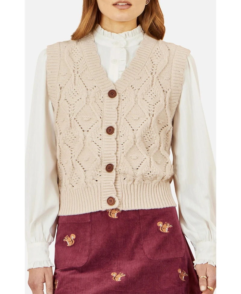 Yumi Women's Button Up Chunky Cable Knit Waistcoat