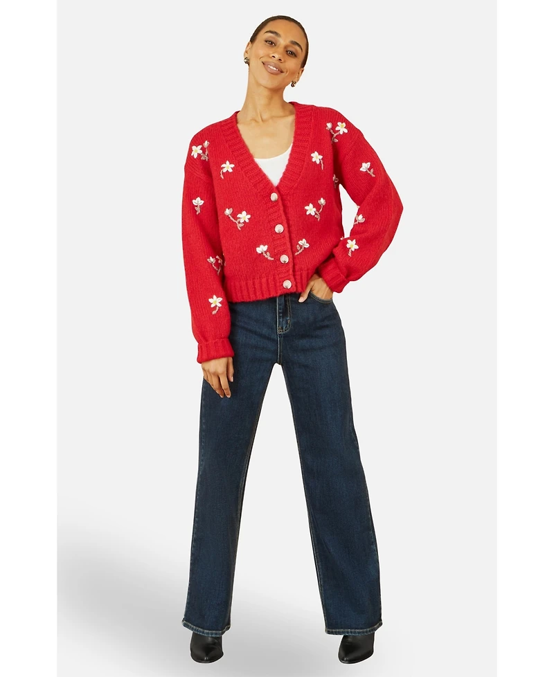 Yumi Women's Hand Embroidered Chunky Knitted Cardigan