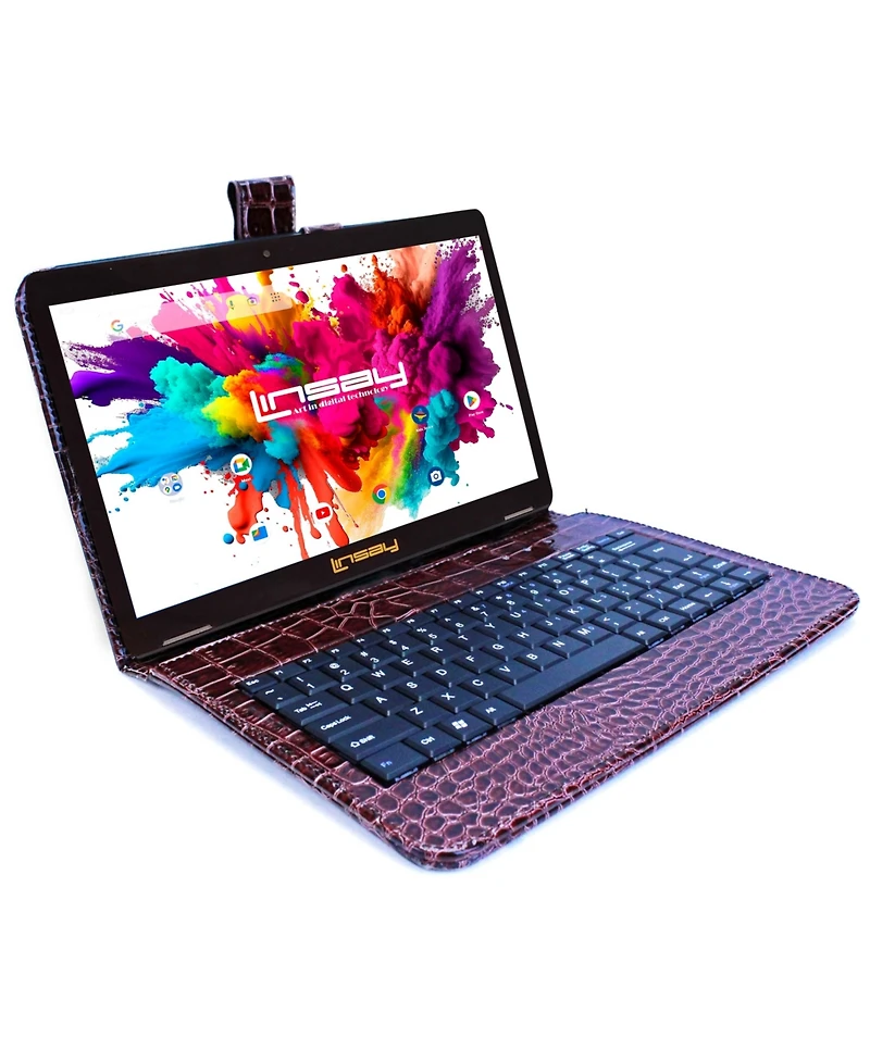 Linsay New 10.1" Tablet Octa Core 128GB Android 14 and Exclusive Luxury Brown Crocodile Keyboard case