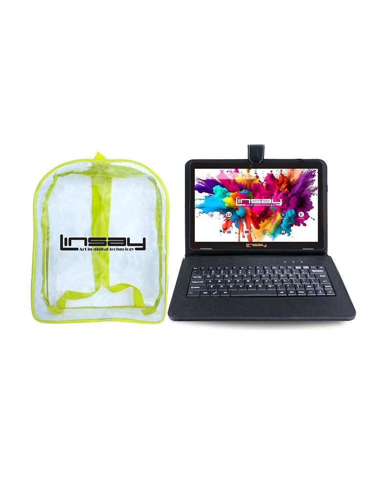 New Linsay 10.1" Tablet Octa-Core 128GB storage with Exclusive Black Leather Keyboard and Backpack Newest Android 14