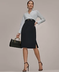 Donna Karan New York Women's V-Neck Belted Contrast Wrap Sheath Midi Dress