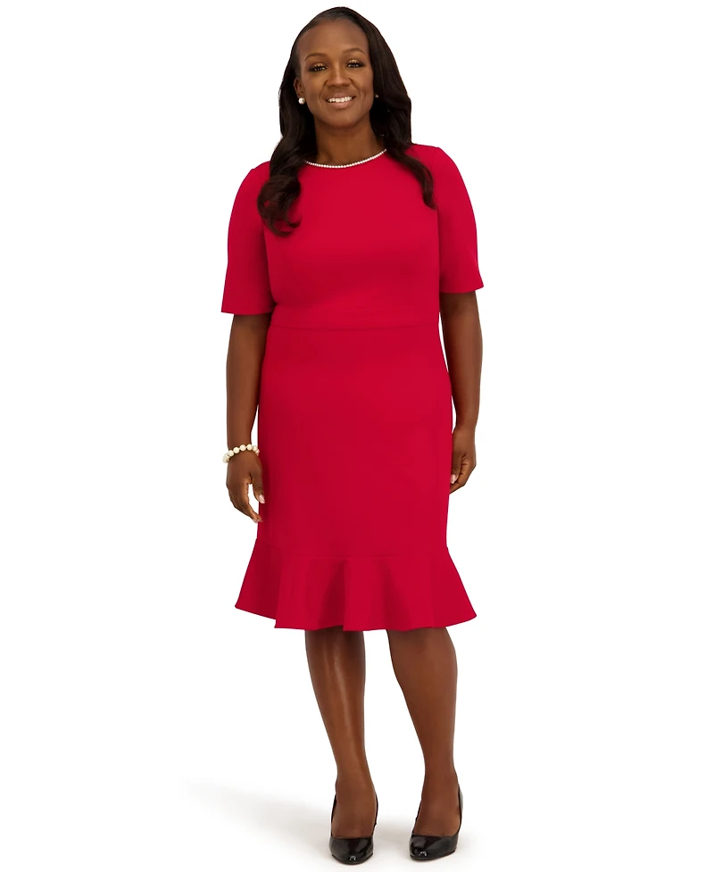 Kasper Women's Round Neck Knee Length Ruffle Skirt Dress, Regular and Plus