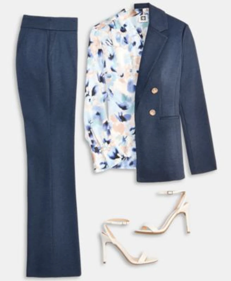 Anne Klein Womens Faux Double Breasted Notch Collar Jacket Printed V Neck Split Cuff Blouse High Rise Pull On Compression Pants