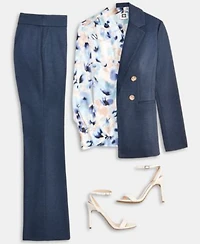 Anne Klein Womens Faux Double Breasted Notch Collar Jacket Printed V Neck Split Cuff Blouse High Rise Pull On Compression Pants