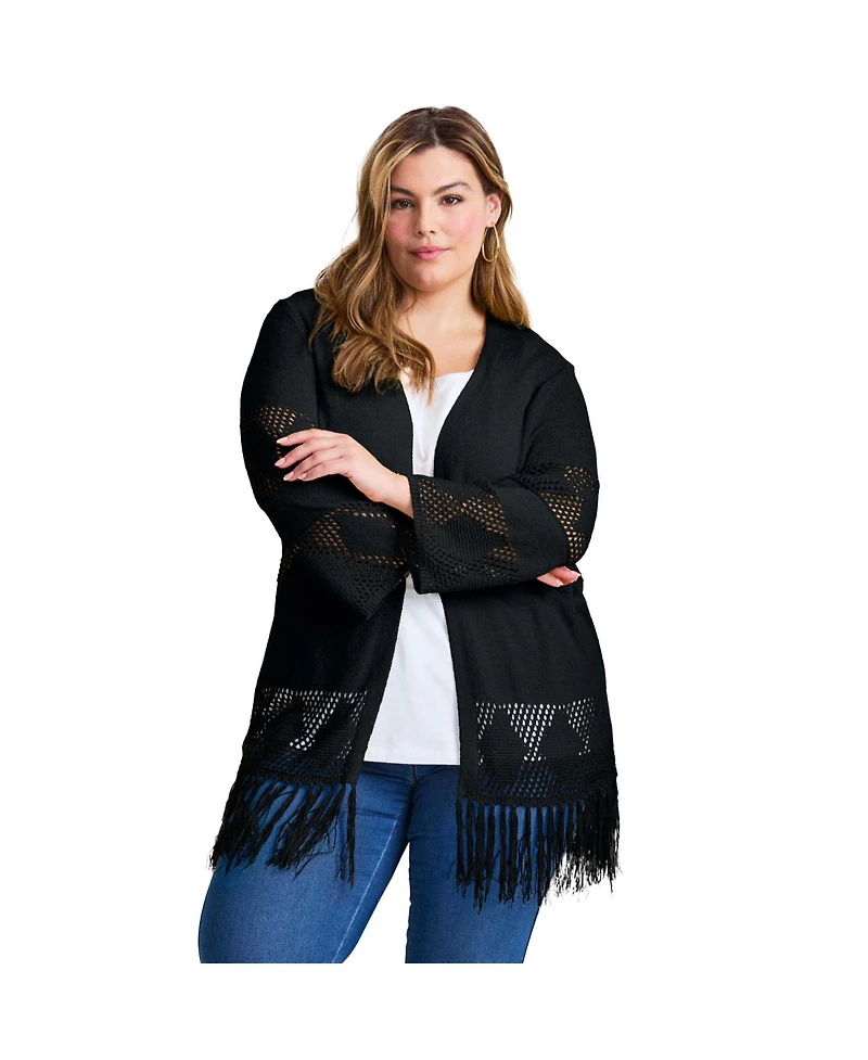 Avenue Women's Plus Pointelle Fringe Cardigan
