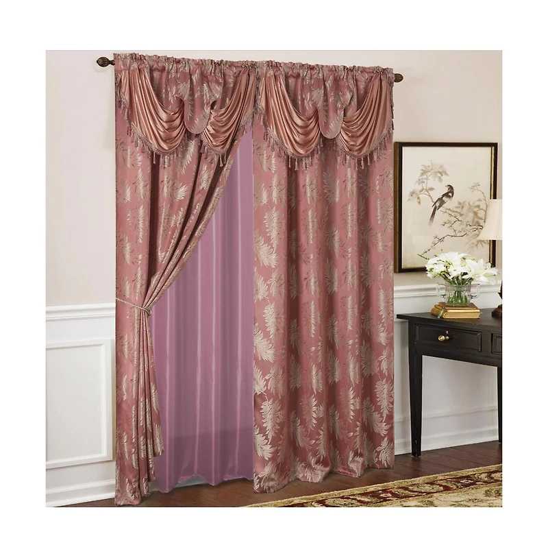 Olivia Gray Palm Floral Textured Jacquard 54 x 84 in. Single Rod Pocket Curtain Panel w/ Attached 18 in. Valance in Rose