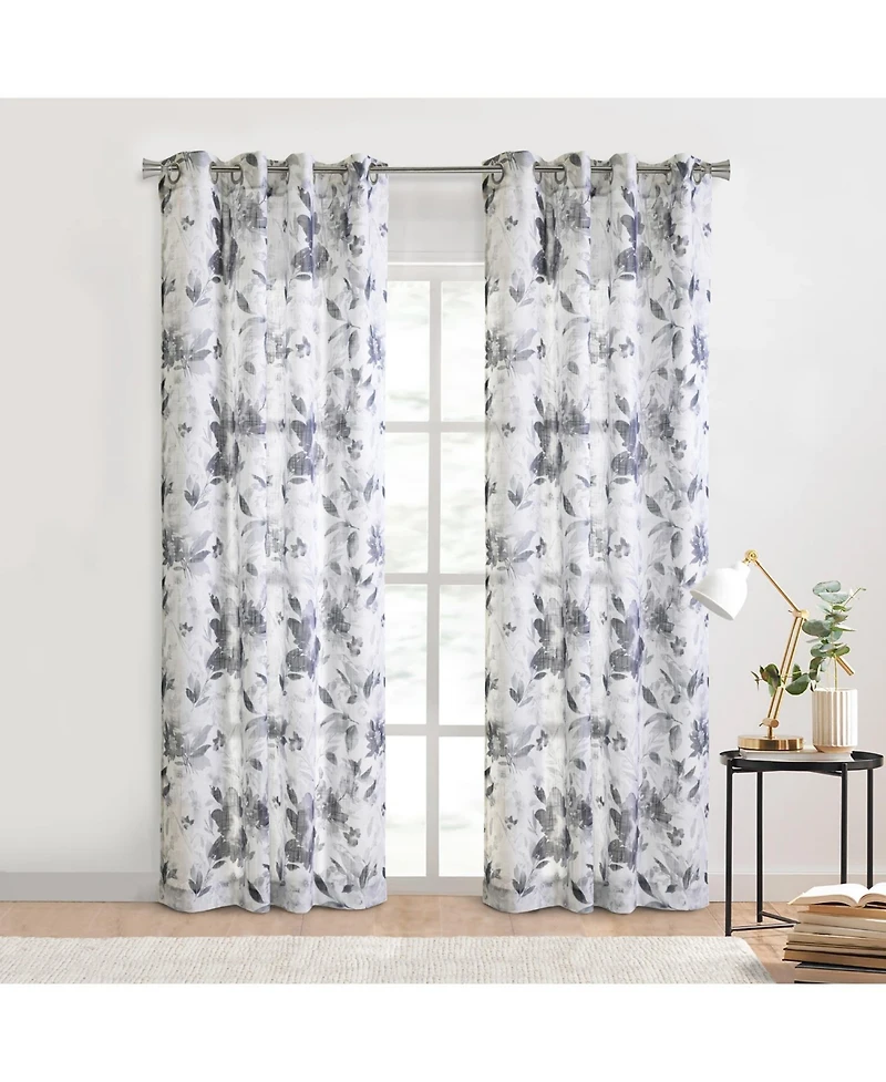 Habitat 100% Polyester Nora Faux Linen Floral Sheer Grommet Curtain Panel 52" x 84" in Steel Blue