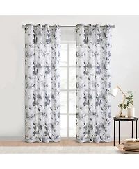 Habitat 100% Polyester Nora Faux Linen Floral Sheer Grommet Curtain Panel 52" x 84" in Steel Blue