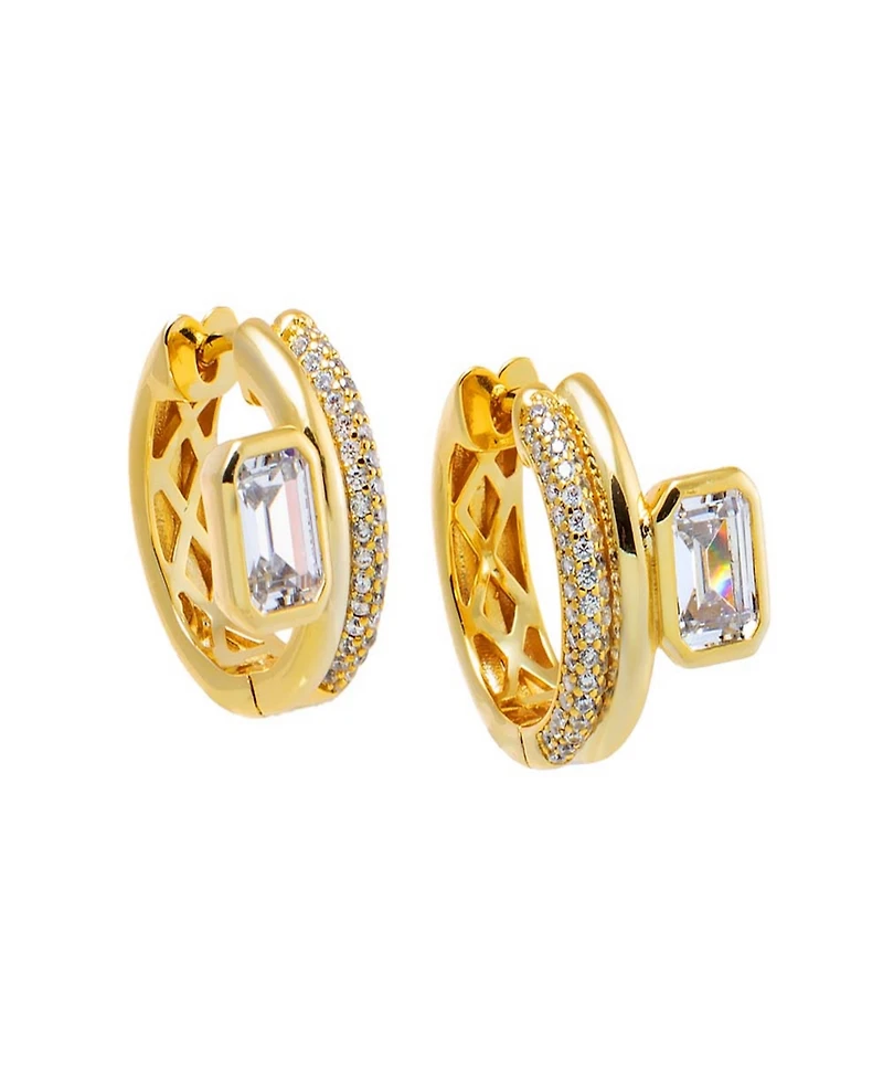 by Adina Eden Cubic Zirconia Gold Plated Gold Plated Emerald Bezel Double Row Huggie Earrings