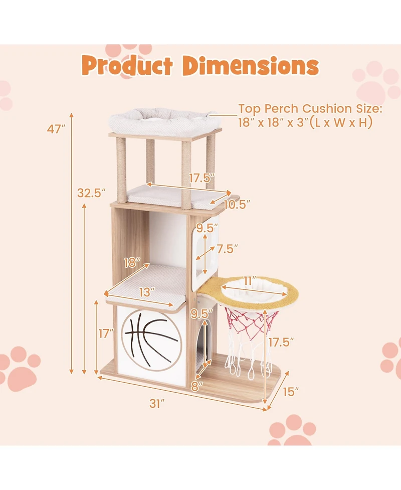 Skonyon 47 Inches Wooden Cat Tree with 2-Story Cat Condo and Basketball Hoop Hammock