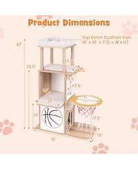Skonyon 47 Inches Wooden Cat Tree with 2-Story Cat Condo and Basketball Hoop Hammock