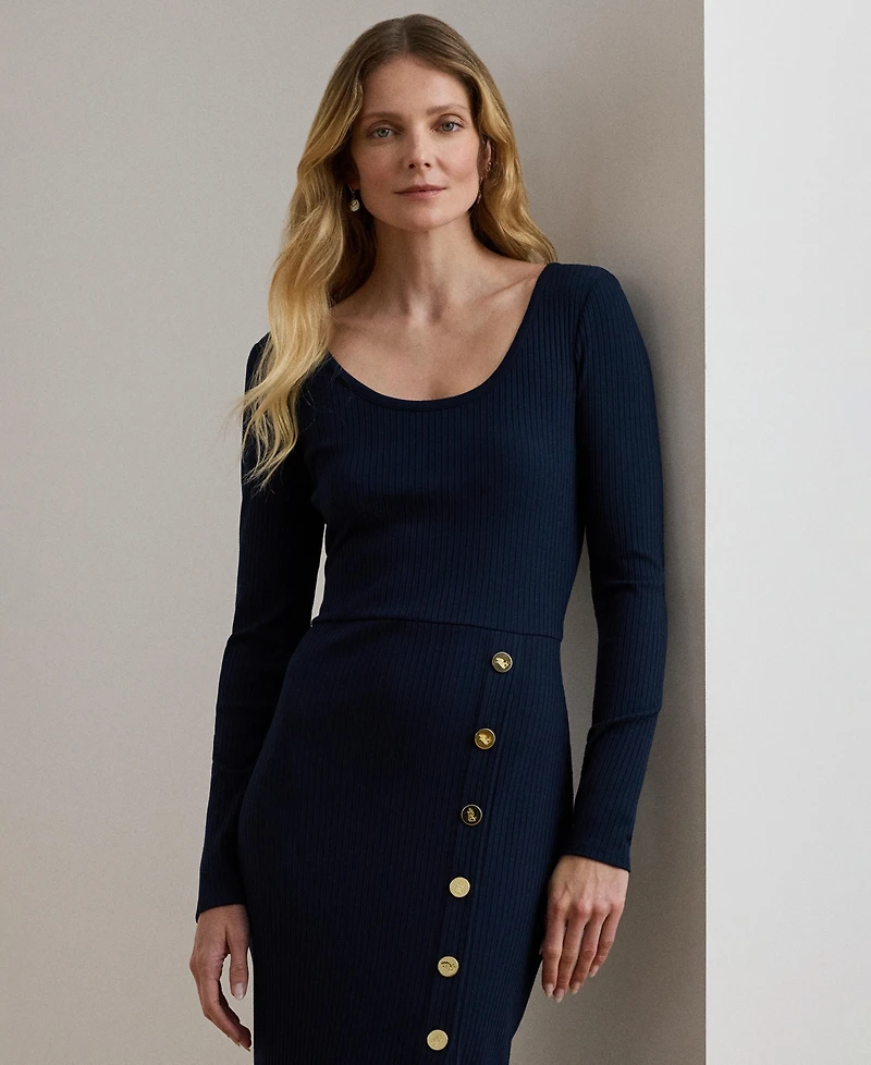 Lauren Ralph Women's Button Trim Rib Knit Dress