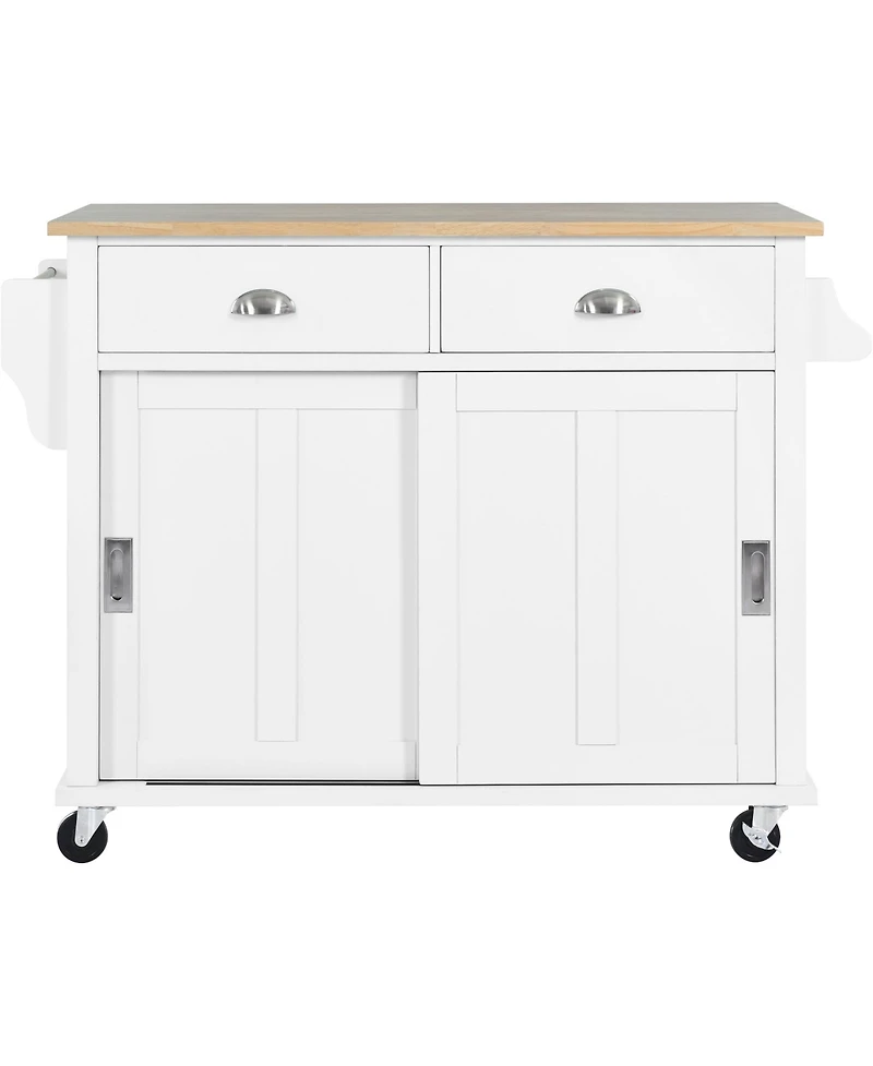 Casainc Kitchen Cart with Drop Leaf, Sliding Barn Door, Adjustable Height, Rolling Island Cabinet with Rubber Wood & 2 Drawers"