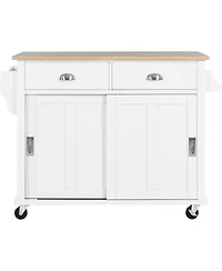 Casainc Kitchen Cart with Drop Leaf, Sliding Barn Door, Adjustable Height, Rolling Island Cabinet with Rubber Wood & 2 Drawers"