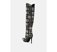 Sharmin Checkered Sequin Knee High Boots