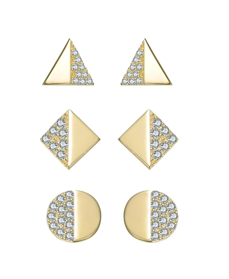 14K Gold Plated with Clear Paved Cubic Zirconia Triangle, Square & Circle Stud Earring 3-Piece Set