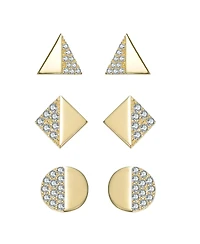 14K Gold Plated with Clear Paved Cubic Zirconia Triangle, Square & Circle Stud Earring 3-Piece Set