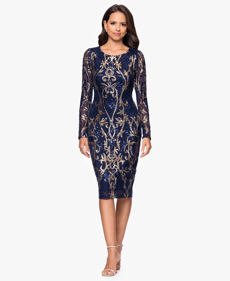B&A By Betsy and Adam Petite Sequin Scoop Neck Long-Sleeve Dress