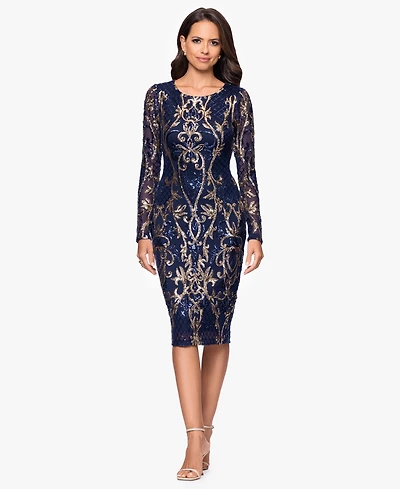 B&A By Betsy and Adam Petite Sequin Scoop Neck Long-Sleeve Dress