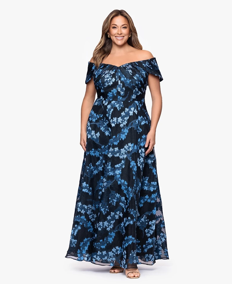 Betsy & Adam Plus Off-The-Shoulder Long Dress