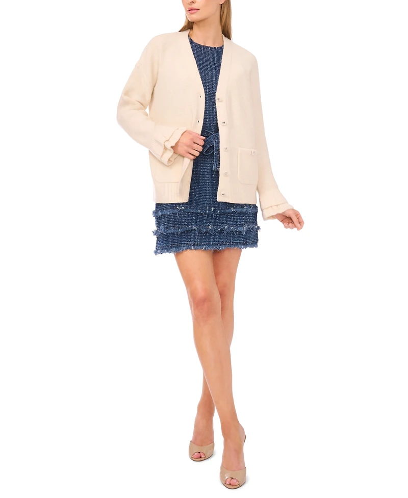 CeCe Women's V-Neck Ruffle Cuff Cardigan Sweater