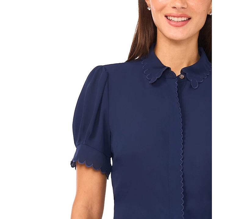 CeCe Women's Scallop Button-Down Short-Sleeve Top